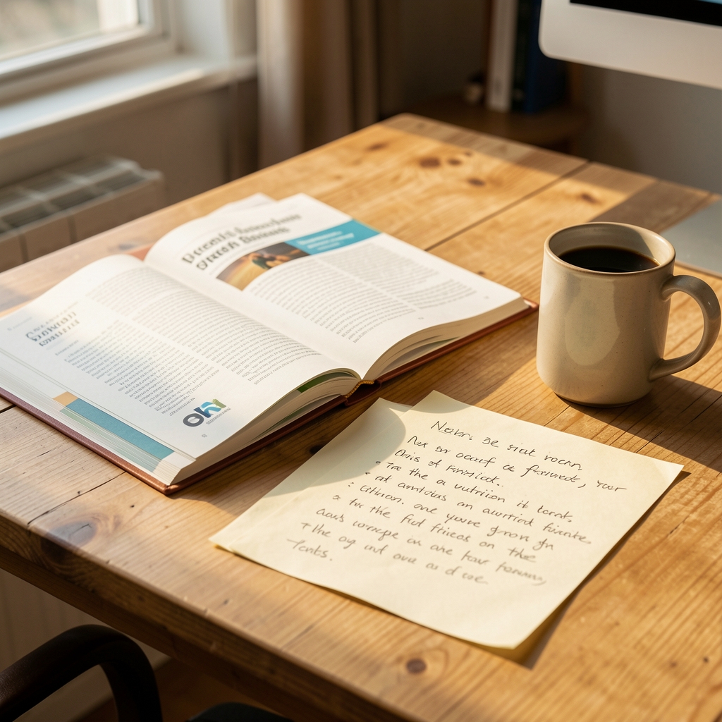Editorial workspace showing open research journals, handwritten notes on nutrition and fitness, and a coffee mug on a natural wood desk in warm morning light